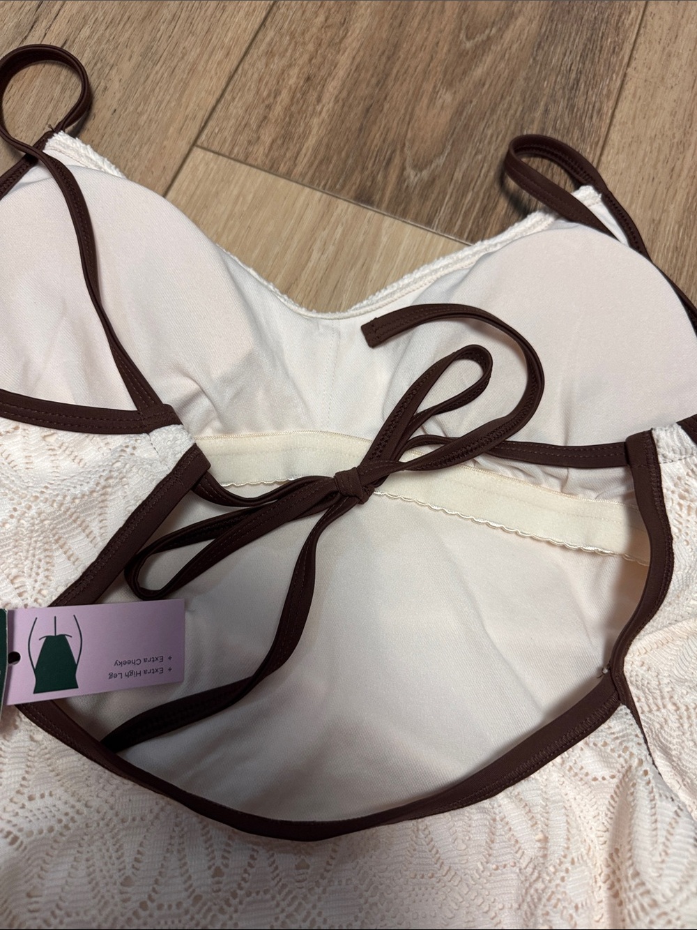 Wild fable NWTS ( M ) CREAM lacey Textured BROWN TRIM SEXY One-Piece Swimsuit - Picture 7 of 9
